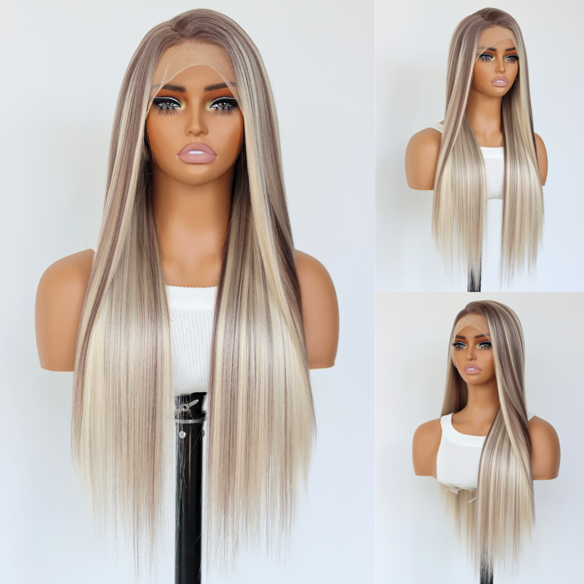 Ombre Brown Stripe Synthetic Wig Long Highlight Ash Blonde Wig 13×4 Lace Front Wigs Ombre Brown Mixed Blonde Glueless Wigs Comfortable Breathable Mesh Cap For Black Women(24Inch)