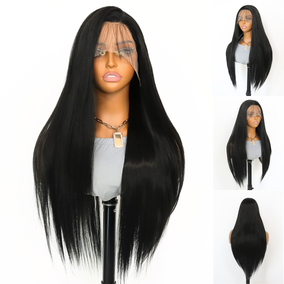 Black Long Straight Synthetic Wig Lace Front Wigs Natural Hairline Heat-resistant Fiber Wig For Daily Party Use (24Inch)